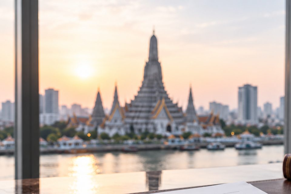 วัดอรุณและแม่น้ำเจ้าพระยาตอนพระอาทิตย์ตก มองจากหน้าต่างสำนักงานในกรุงเทพฯ