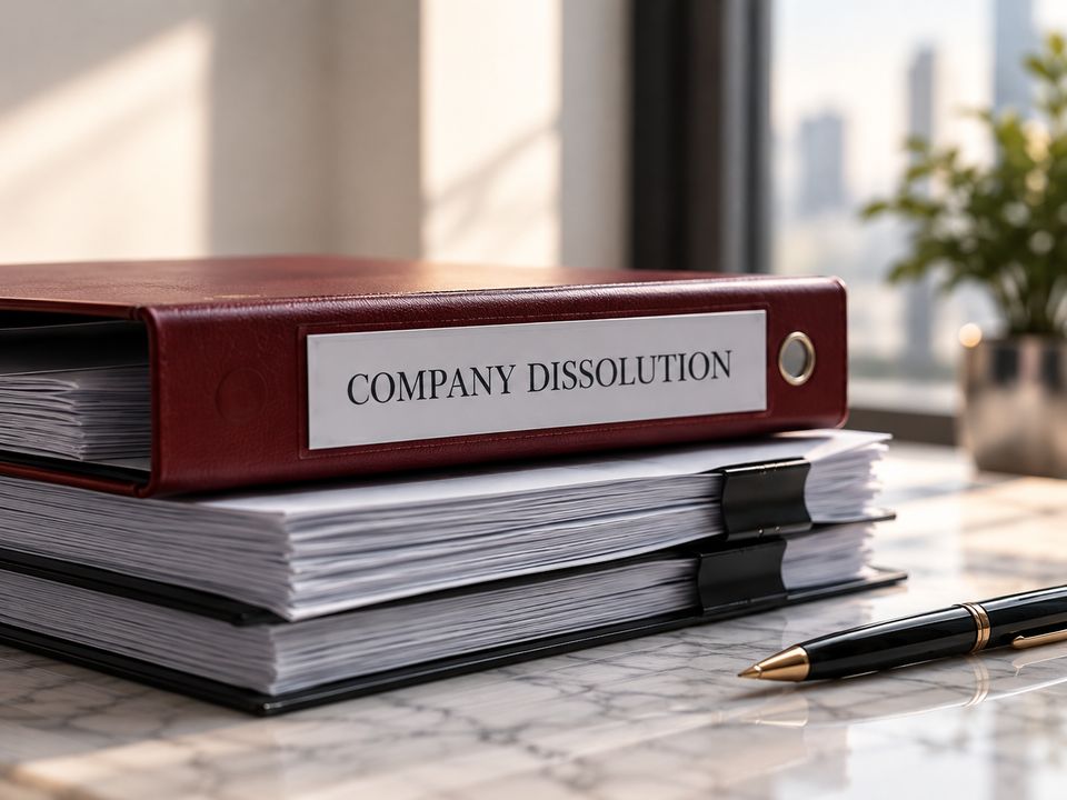 แฟ้มสีแดงที่ติดป้าย Company Dissolution วางบนกองเอกสาร